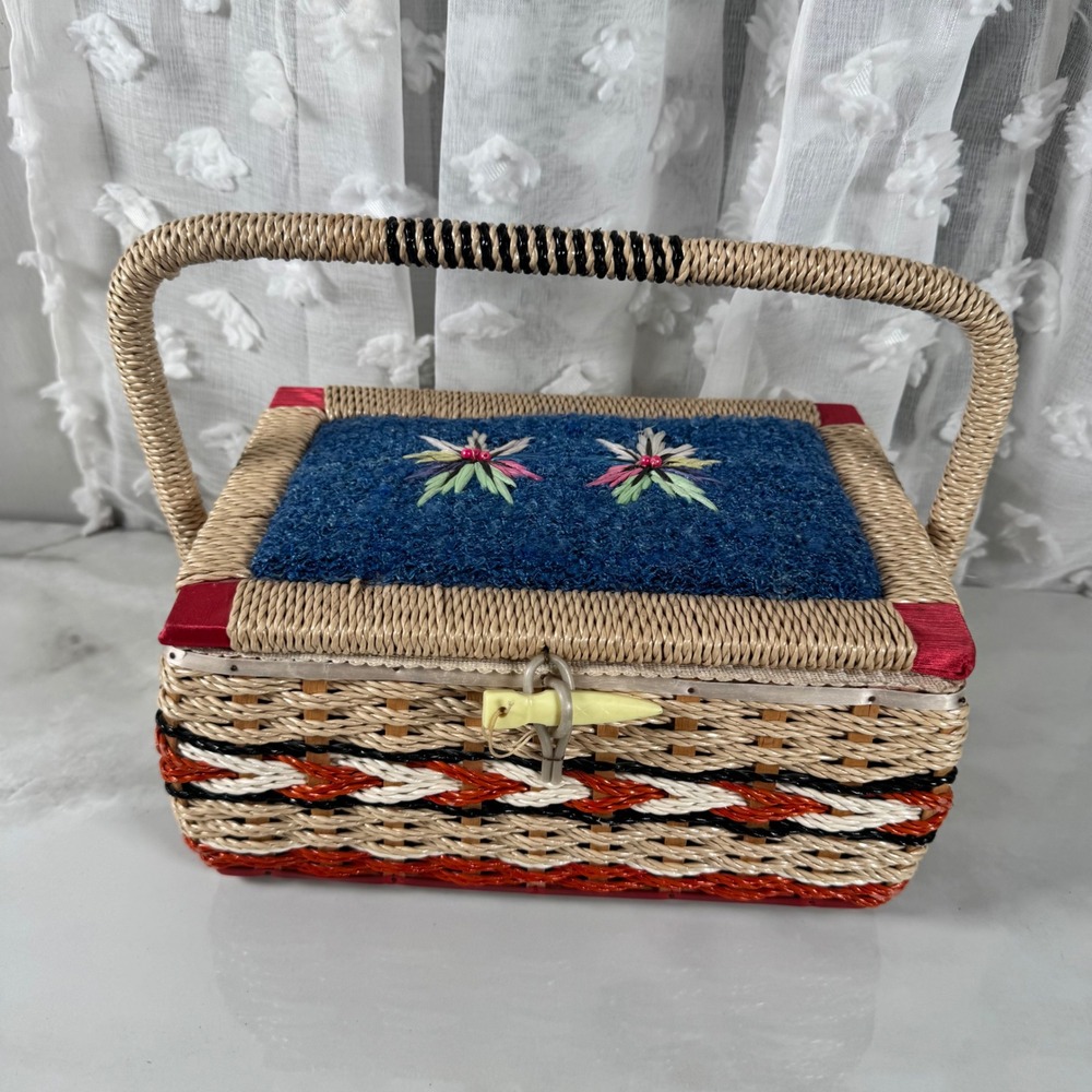 Vintage 1970s Boho Woven Sewing Basket with Handle Embroidered Lid Retro Cottage